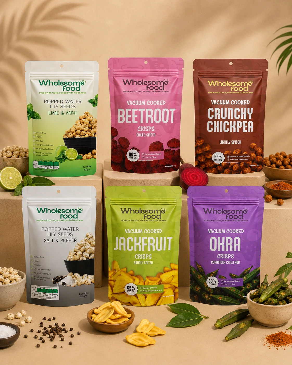 Wholesome Food vegetable crisp pouches and loose crisps